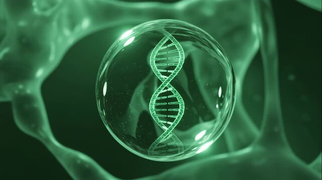 A glowing double helix of DNA enclosed in a transparent green sphere with a liquid microstructure background, representing the concept of genetic research, modern biotechnology and science