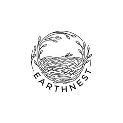 Earthnest Logo Design with Nest and Leaves in a Circular Frame.