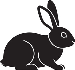 Black and white rabbit illustration in profile, sitting calmly. minimalist graphic design element featuring a domestic animal on white.
