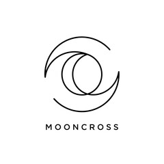 Mooncross Logo Design with Intersecting Crescent Moons and Central Circle.