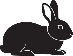 Fototapeta premium Black rabbit silhouette lying down, a graphic vector illustration of a domestic or wild hare isolated on a white background.