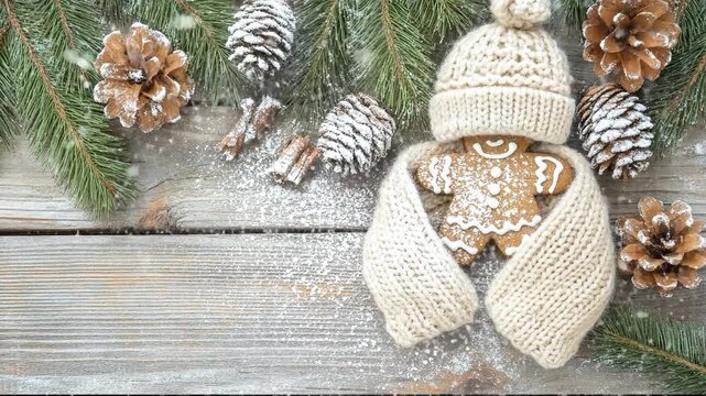 Gingerbread man wearing hat and scarf on rustic wood with pine cones and evergreen branches.