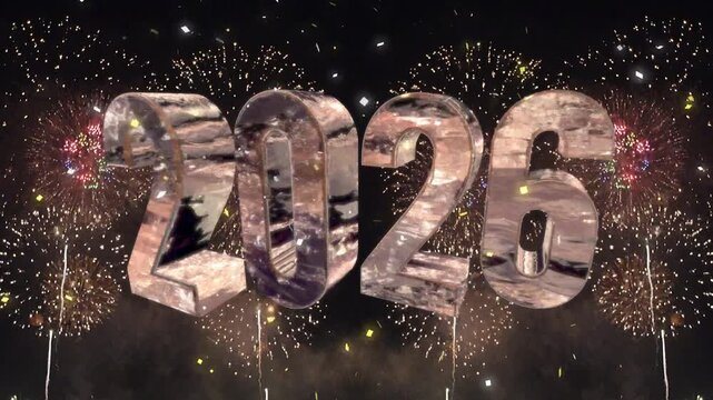 キラキラ輝く2026年 Happy New Year の金属系3dテキスト　新年・正月・お祝い・イベントのシンボル　盛大にあがる花火の背景　