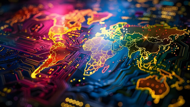 Vibrant digital world map glowing with interconnected circuits and data streams, symbolizing global technology and communication.
