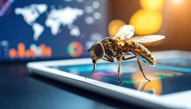 Fly on tablet with world map.