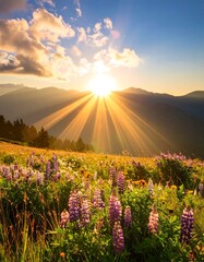 Sunny landscape, sun rays piercing through clouds over mountain