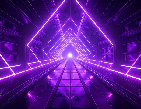 Futuristic tunnel with neon purple lights converging to a bright point - Powered by Adobe