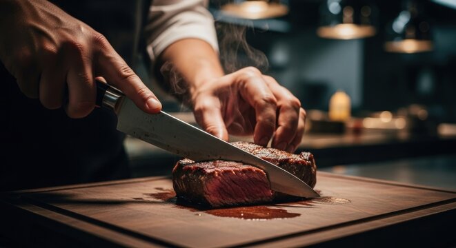 A chef skillfully slicing a steak with a knife in a professional kitchen.