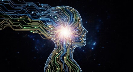 A human head with a glowing brain and neural connections against a starry background.