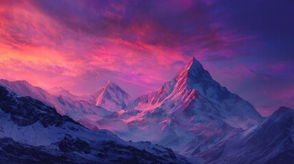 Majestic mountain peaks at sunset with vibrant pink and purple sky