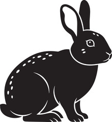 Stylized black silhouette of a rabbit sitting, minimalist vector illustration representing a domestic or wild bunny character on white.