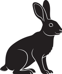 Black rabbit silhouette sitting profile view isolated on white, minimal graphic design element, animal vector illustration, cute pet icon.