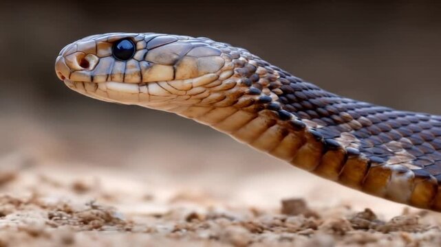 Close-up of a desert-dwelling snake with tan-brown scales and a sharp eye, resting on gravel, dusty!
