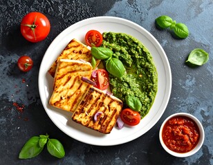 Grilled cheese, pesto, tomatoes, basil & sauce on white plate, dark background