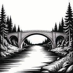Stone arch bridge over a river in a pine forest