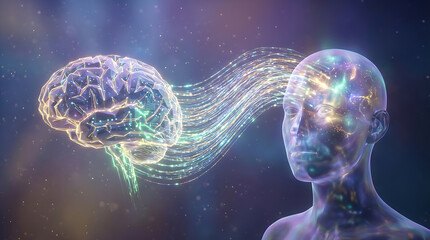 A glowing human brain connected by luminous data streams to a translucent human head, representing thought, consciousness, or digital connection.