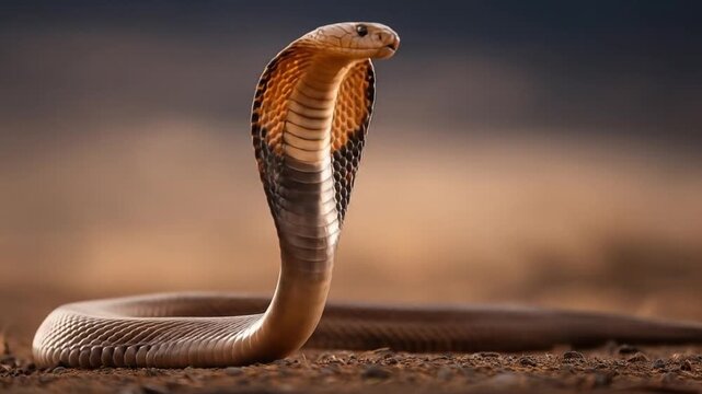 A hooded cobra rises on a dusty desert floor, alert and poised under a pale dawn glow. near hills..