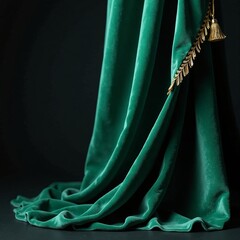 Luxurious Emerald Velvet Curtain Texture with Golden Accents and Elegant Drape, Perfect for Backgrounds and Design Elements.  Studio Shot with Copy Space