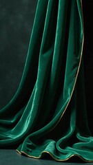 Lush Emerald Velvet Drapery Captivating Close-Up of Luxurious Fabric with Golden Trim, Exuding Elegance and Opulence in a Vertical Composition