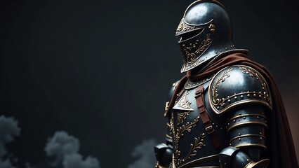 A lone medieval knight in richly decorated dark armor stands stoically against a dramatic, cloudy sky, evoking a sense of ancient chivalry and impending fantasy adventure with exquisite detail