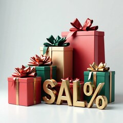 Holiday Sale Promotion Stacked Christmas Gifts and Golden SALE Text on a Clean White Background for Festive Shopping