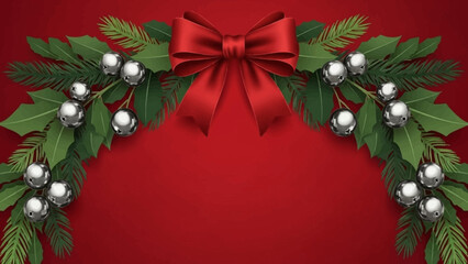 Elegant Christmas holiday background featuring a vibrant red bow, jingle bells, and festive greenery for cards, banners, and seasonal promotions