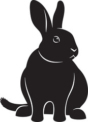 Black rabbit silhouette lying down, a minimal vector illustration of a hopping or resting lagomorph in profile view, simple animal graphic.