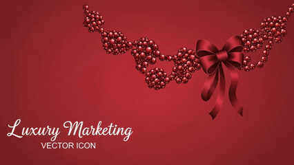 Elegant ruby beads and ribbon on deep red, perfect for sophisticated holiday promotions or upscale branding with a touch of festive charm and luxury