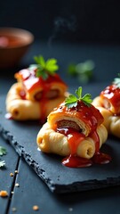 Gourmet fusion appetizer savory pastry-wrapped sausage rolls, elegantly presented on a dark stone, generously drizzled with vibrant sweet chili sauce and fresh herbs, ideal for sophisticated events