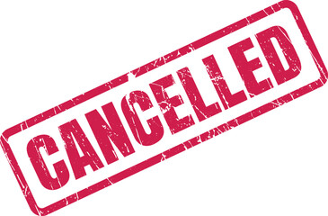 A crimson CANCELLED rubber stamp impression shows a grungy texture against a transparent backdrop