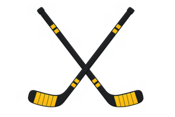 Two black and yellow hockey sticks crisscrossing, representing ice hockey, competition, sportsmanship, and winter games