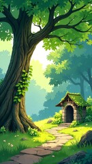 Enchanting Forest Haven A Stone Path Leads to a Cozy Stone House, Nestled Beside an Ancient Tree under a Lush Green Canopy
