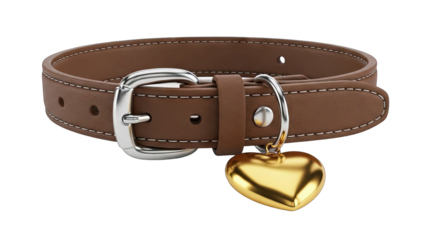 Brown Leather Pet Collar With Gold Heart Charm and Silver Buckle Isolated on Transparent Background Detailed Close Up Studio Shot