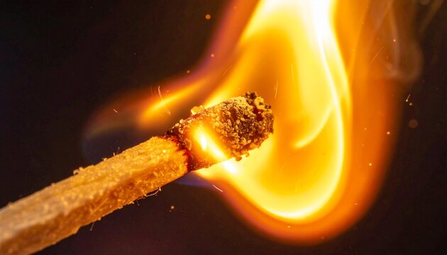 macro closeup burning match head ignition spark sulfur crystals glow ember detail heat flare fire burst bright flame texture micro combustion energy moment intense scene