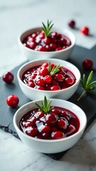 Fresh cranberry sauce in elegant white bowls, a festive holiday treat, garnished with rosemary sprigs for a delightful gourmet experience. The perfect addition to any special meal or gathering