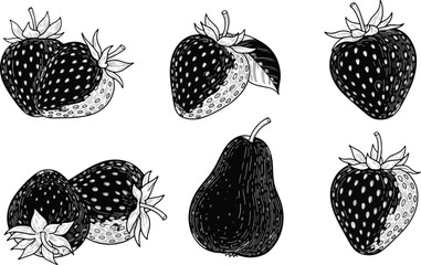 Black and White Strawberries and Pear Illustration in Line Art Style
