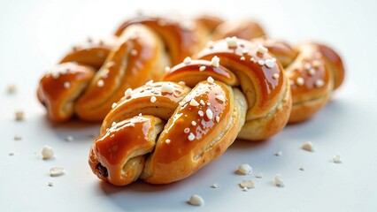 Golden-brown, artisanal pastry twists, glistening with a rich caramel glaze and sprinkled with coarse sea salt, offer a delightful sweet and savory indulgence