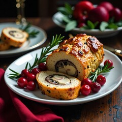 Delectable Roll with Cranberries and Rosemary on a Plate, A Festive Culinary Delight, Food Photography, Culinary Artistry