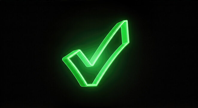 Green neon check mark glowing in dark background agreeing symbol for correct choice and positive vote concept