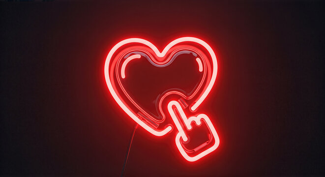 Neon red glowing heart symbol hand touch icon isolated dark background. Love like feedback social media notification dating app concept sign