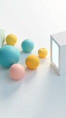 Abstract composition of colorful spheres and a glowing cube, creating a visually stimulating and modern design, perfect for digital art and contemporary projects