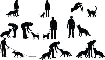 Dog Training and Pet Care Silhouettes: Set of People with Dogs and Cats, Grooming, Leashing, and Walking Animals Vector Collection