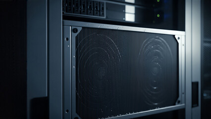 Closeup of a server rack in a data center showcasing intricate network infrastructure and advanced technology.
