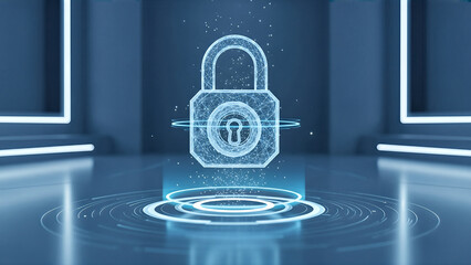 Digital Lock Icon on Futuristic Blue Background Representing Cybersecurity.
