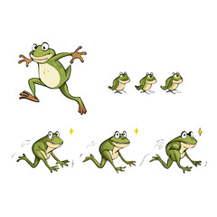 Naklejka premium Cartoon frog jump sequence motion sprite sheet. Vector hoptoad full cycle leap in action captures energetic movement from the toad initial crouch to high-flying jump and graceful landing chasing a fly