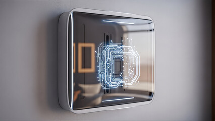 Futuristic Smart Home Device with Glowing Circuitry on Wall.