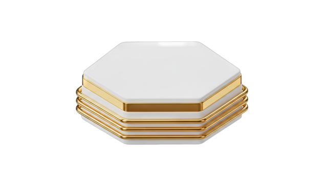 Elegant White Hexagonal Display Stand with Golden Edges on Transparent Background for Product Presentation and Luxury Showcase