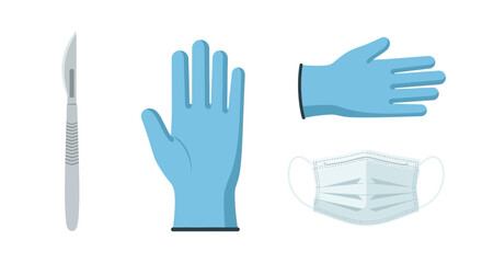 Obraz premium Surgical Tools - Scalpel, Blue Gloves, and White Medical Mask for Healthcare Professionals.