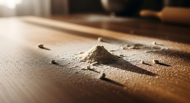 Sun-drenched baking scene with flour dust on a wooden surface