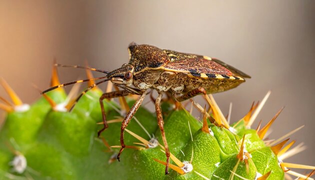 A close-up view presents an insect resting on a cactus. The subject is detailed, showing textured shell, legs, antennae, and spines - Powered by Adobe